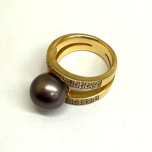 Bague en Or Jaune 18K avec Diamants et Perle de Tahiti - T53 - 12.70gr