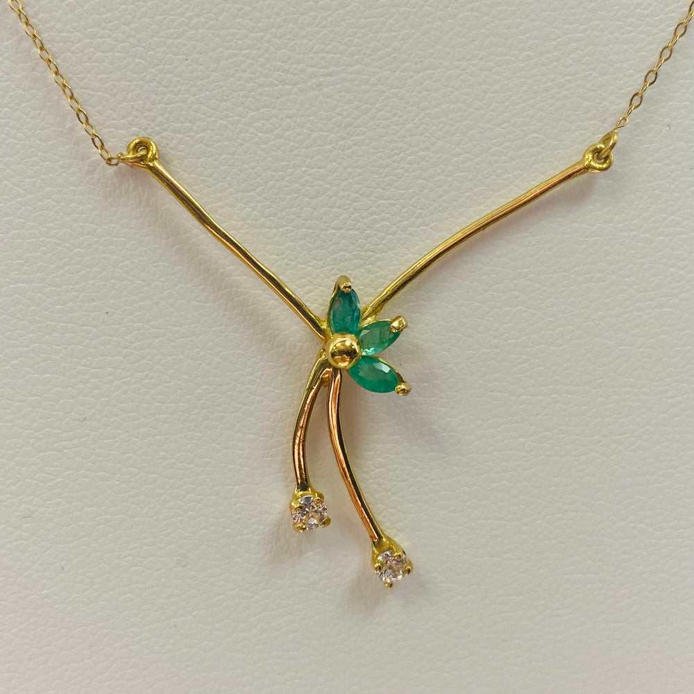 Collier Ras du Cou en Or Jaune 18 K avec Émeraudes et Zirconiums - 2.35 Grs