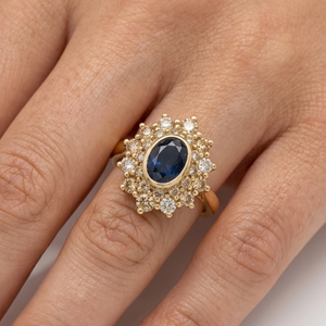 Bague Marguerite Or Jaune 18K - 5.88 G Diamants et Saphir