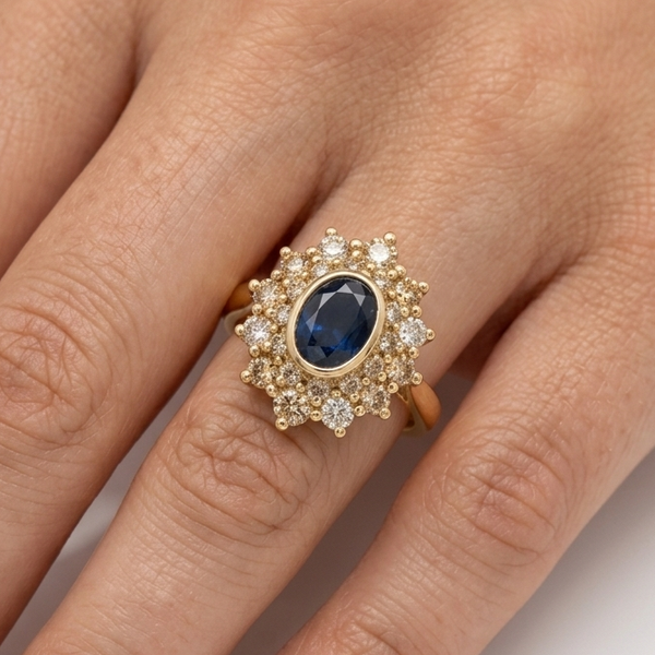 Bague Marguerite Or Jaune 18K - 5.88 G Diamants et Saphir
