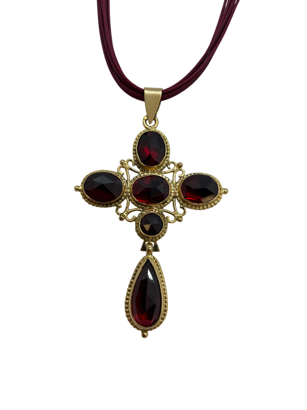 Collier Croix en Or 18 K avec Grenats - 10.52 Grs