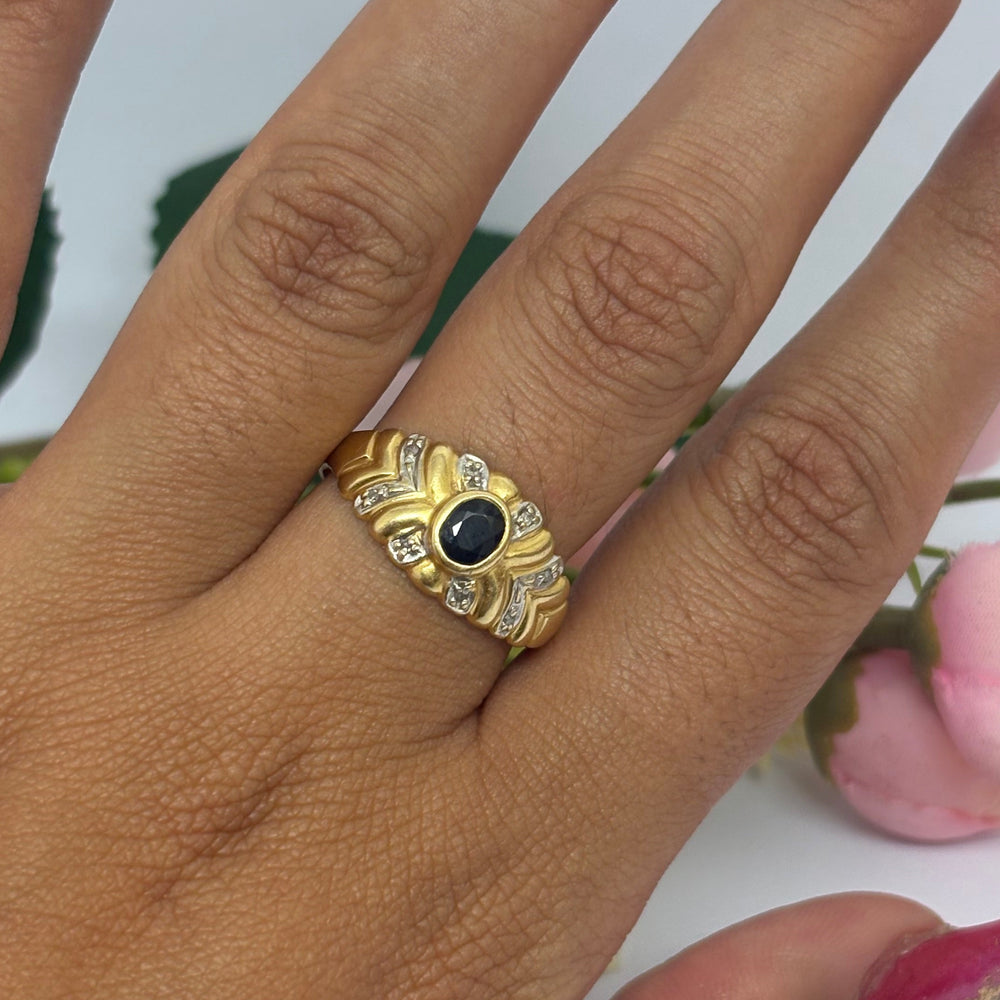 Bague Tank Or 18K - 3.93 G - Taille - 61 avec Diamants et Saphir