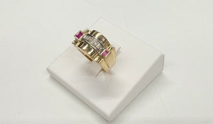 Bague Tank Or Jaune et Blanc Diamants et Rubis