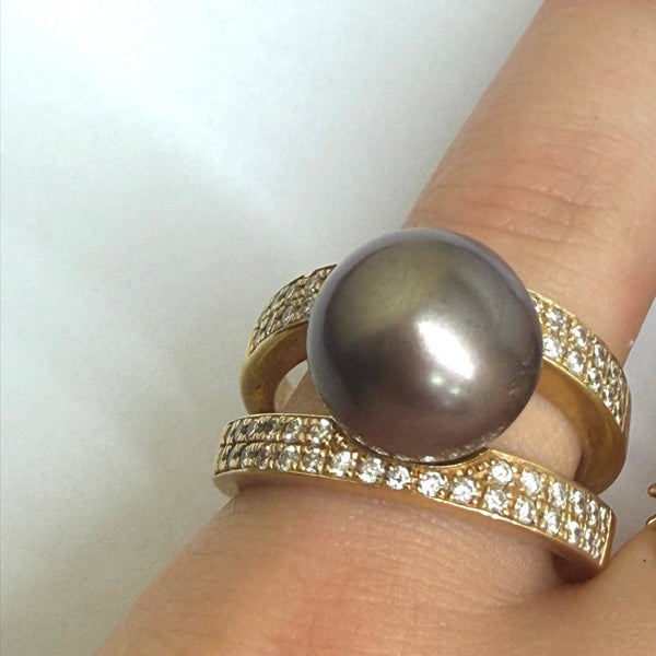 Bague en Or Jaune 18K avec Diamants et Perle de Tahiti - T53 - 12.70gr