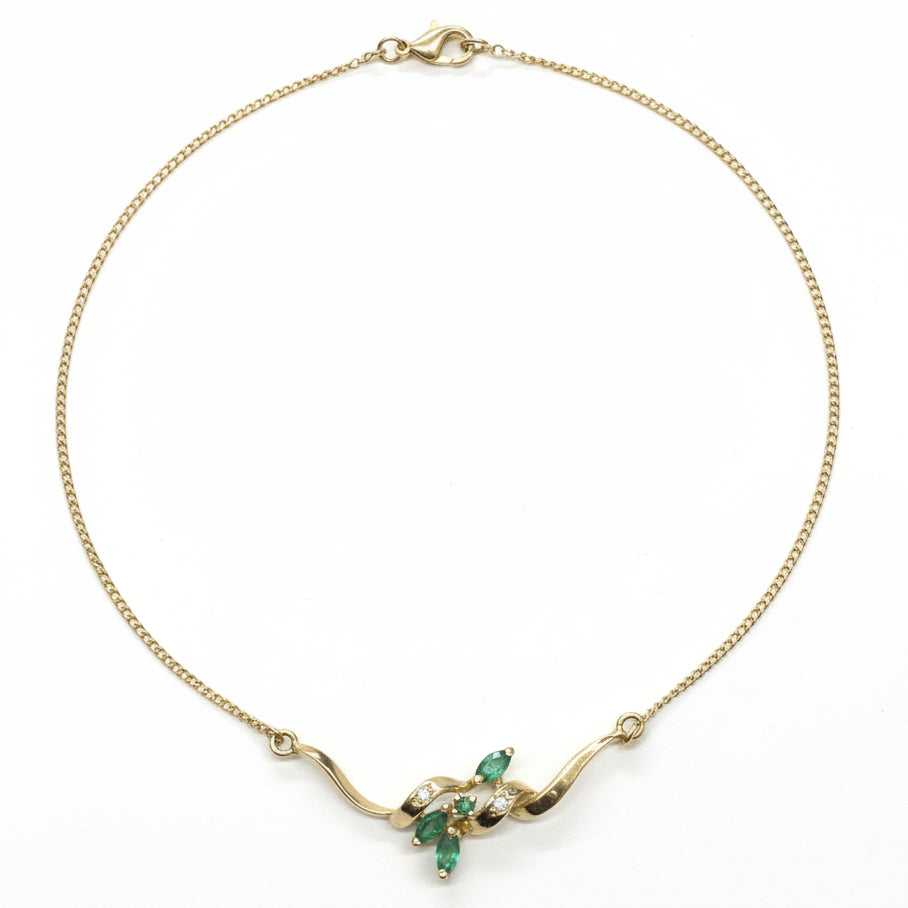 Collier Princesse Or Jaune 18k avec Emeraudes et Diamants - 40cm - 7.28gr