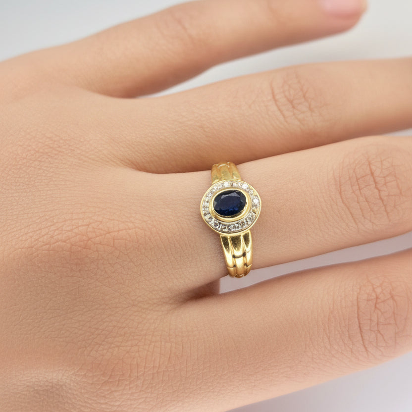 Bague en Or Jaune avec Saphir et Diamants 18k - Taille : 54