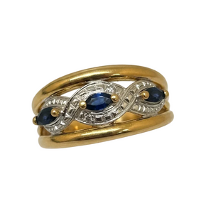 Bague en Or Jaune avec 3 Saphirs entourés d’effets diamantés
