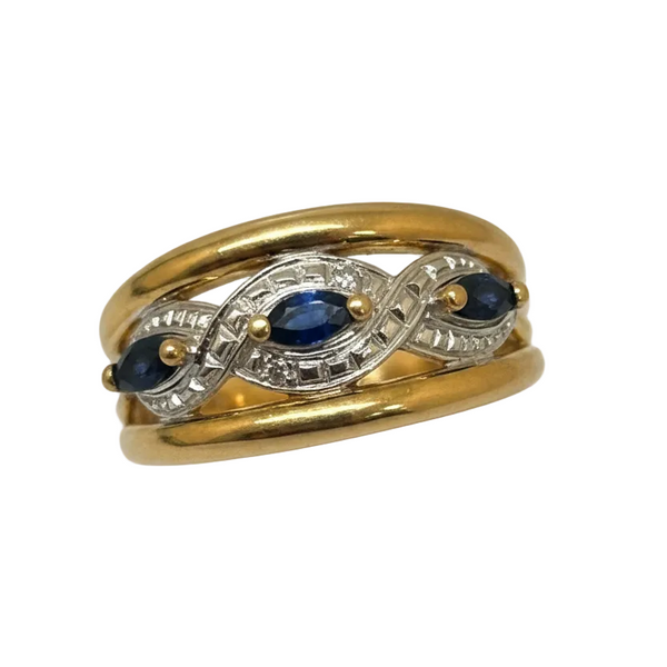 Bague en Or Jaune avec 3 Saphirs entourés d’effets diamantés
