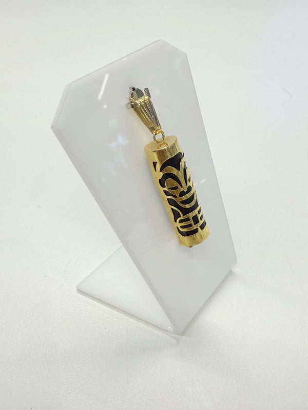 Pendentif Tiki en Or Jaune 18K avec Pierre en Bois