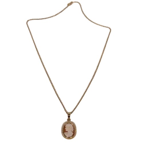 Collier Princesse Or Jaune 18K avec Pendentif Camé Orange - 44cm - 5.20gr