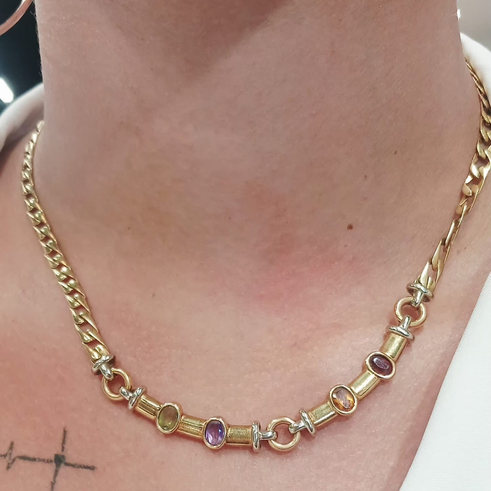 Collier Princesse en Or Jaune avec Pierres Multicolores 18K - 21.90Grs - 42.50cm