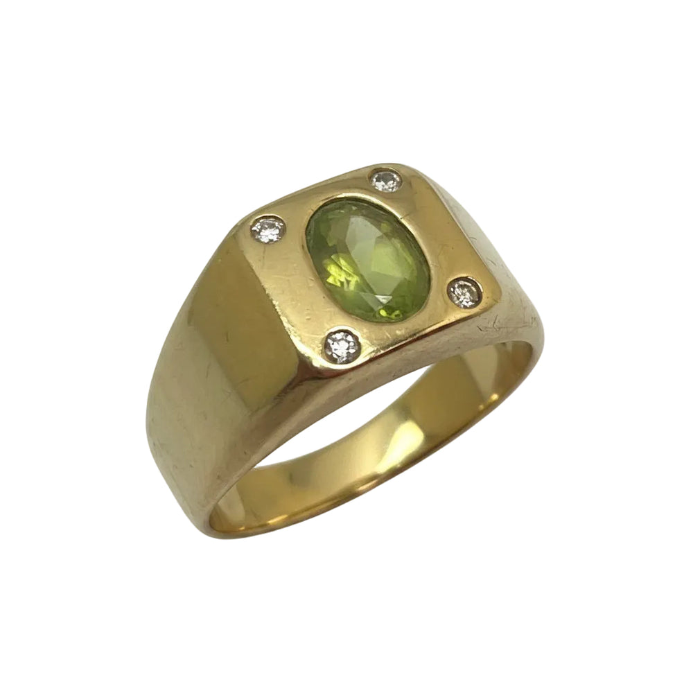 Bague Chevalière Or Jaune 18K avec Diamants et Péridot - T57 - 8gr