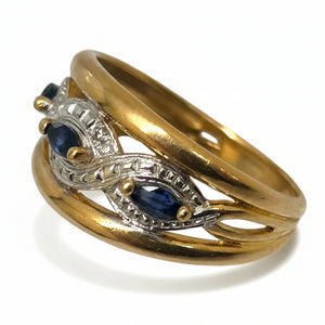 Bague en Or Jaune avec 3 Saphirs entourés d’effets diamantés
