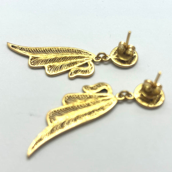 Boucles d'oreilles pendantes ailes d'ange en or jaune 18 K
