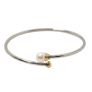 Bracelet Jonc en Or Jaune et Or Gris avec Perle Blanche 18k