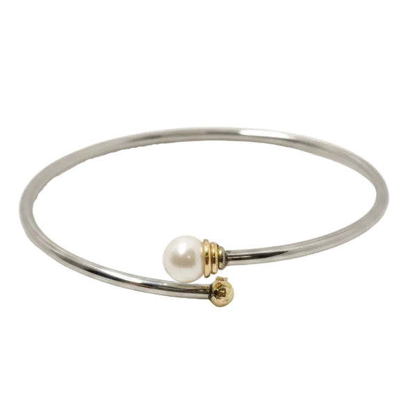 Bracelet Jonc en Or Jaune et Or Gris avec Perle Blanche 18k