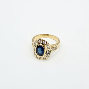 Bague Marguerite en Or Jaune Diamants Saphir 18K - Taille 51.5 - 6.18 G
