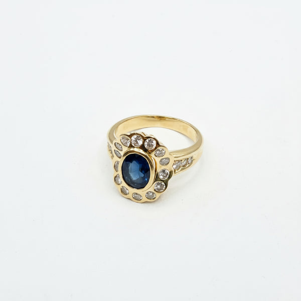 Bague Marguerite en Or Jaune Diamants Saphir 18K - Taille 51.5 - 6.18 G