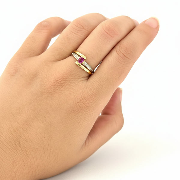 Bagues Marguerite en Or Jaune 18K avec Diamants et Rubis - T50 - 1.93gr