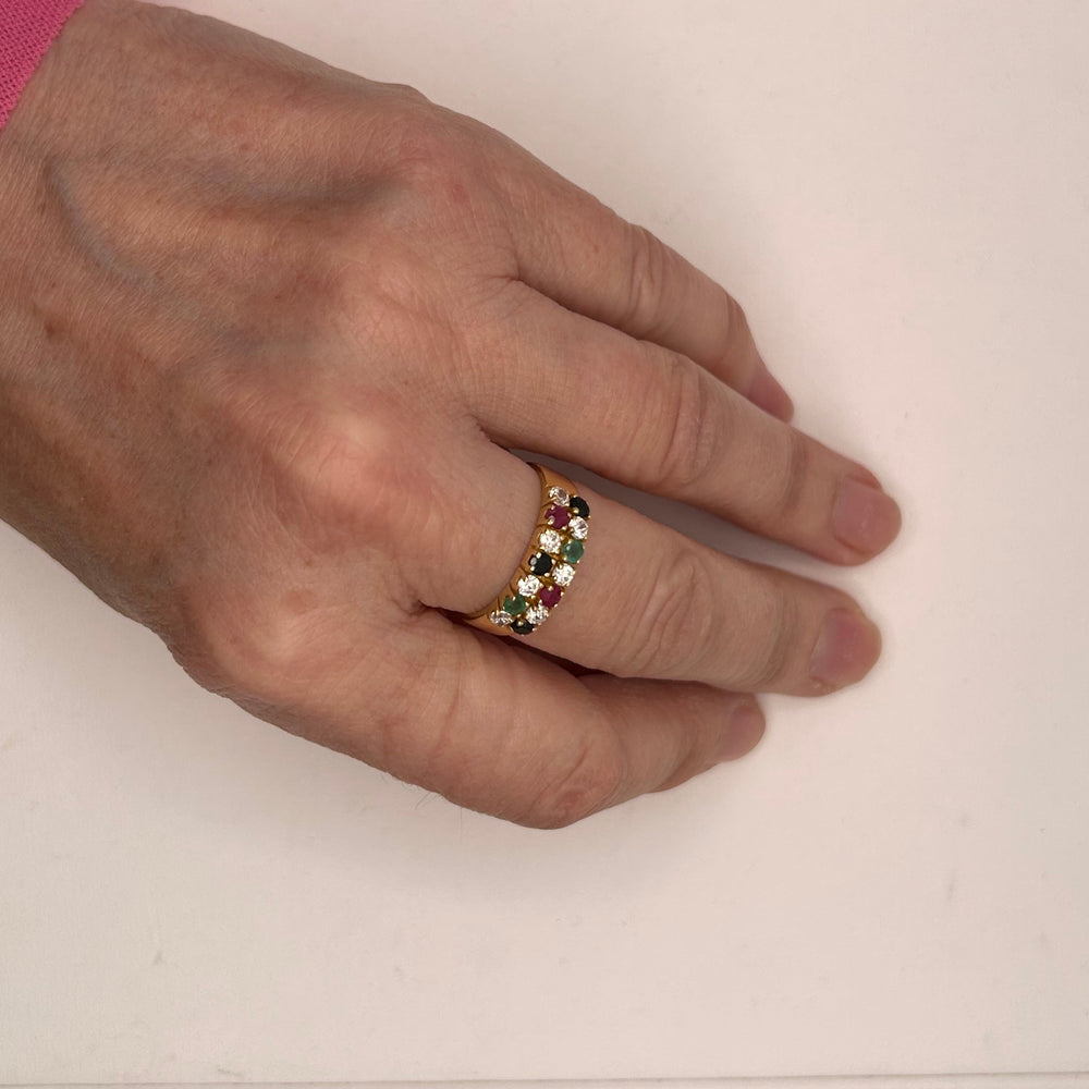 Bague multicolore en Or jaune 18K avec rubis émeraudes