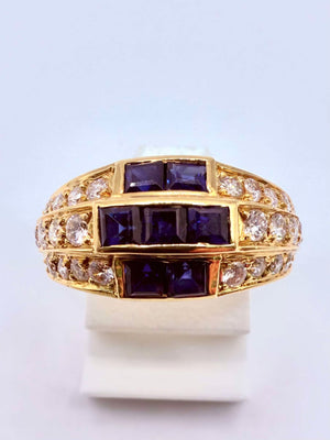 Bague Or Jaune 18K 26 Diamants + 7 Pierres Bleues