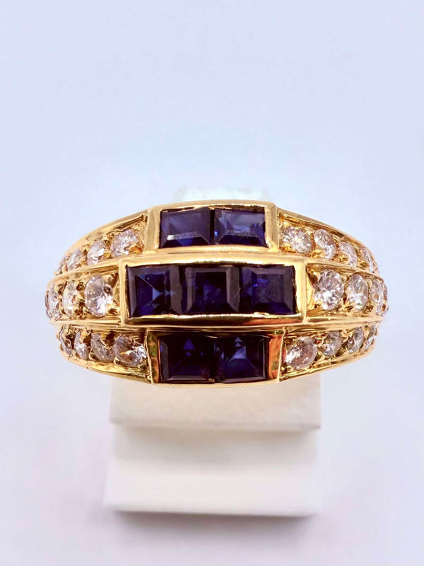 Bague Or Jaune 18K 26 Diamants + 7 Pierres Bleues