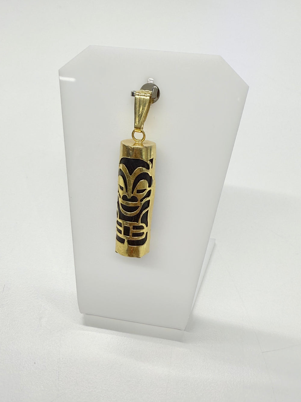 Pendentif Tiki en Or Jaune 18K avec Pierre en Bois