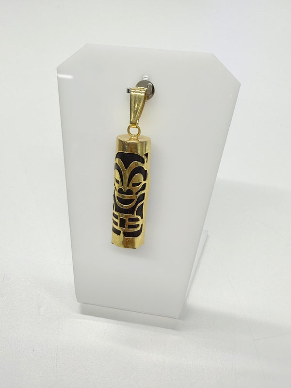 Pendentif Tiki en Or Jaune 18K avec Pierre en Bois