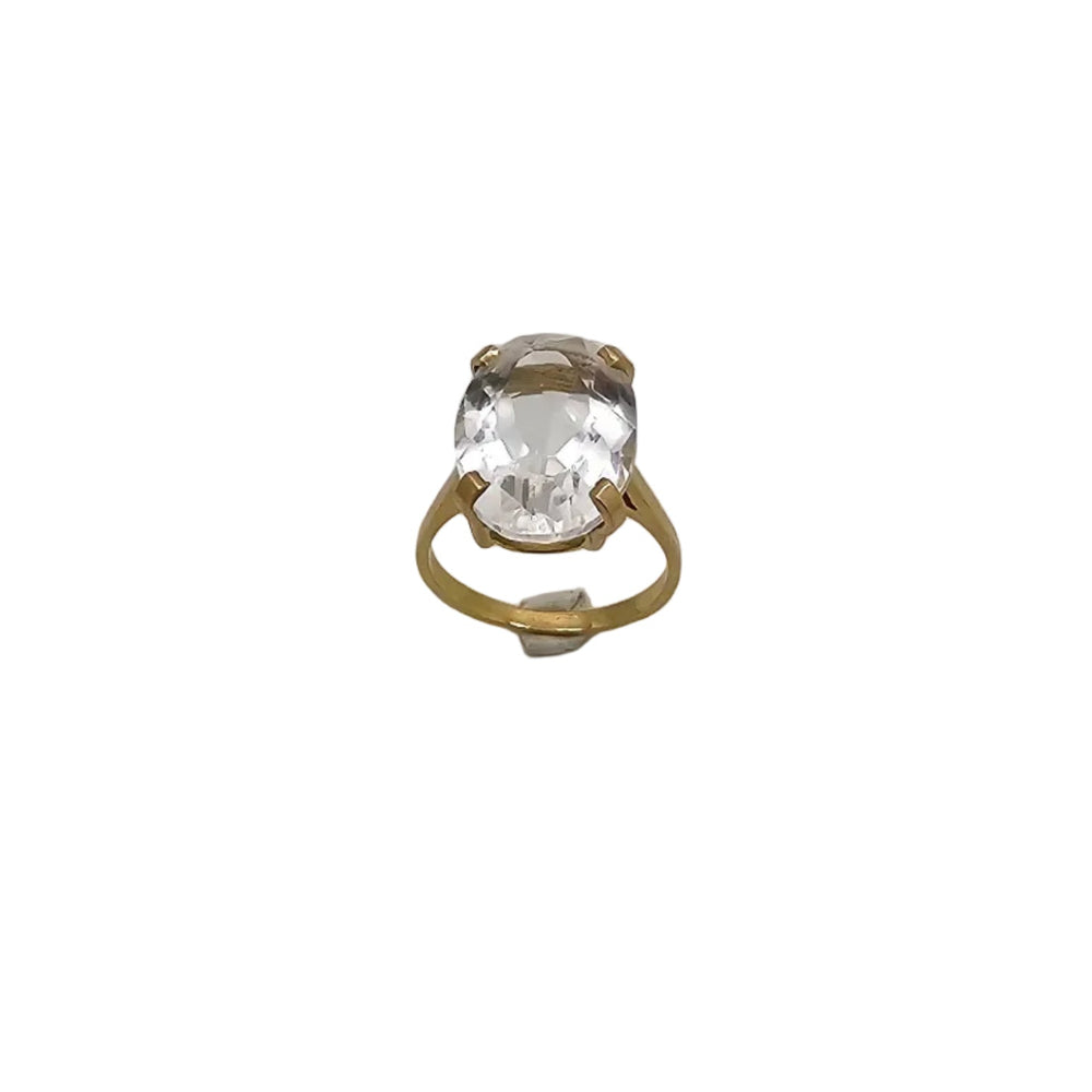 Bague Solitaire Or Jaune 18K avec Cristal de Roche - T57 - 6.14gr