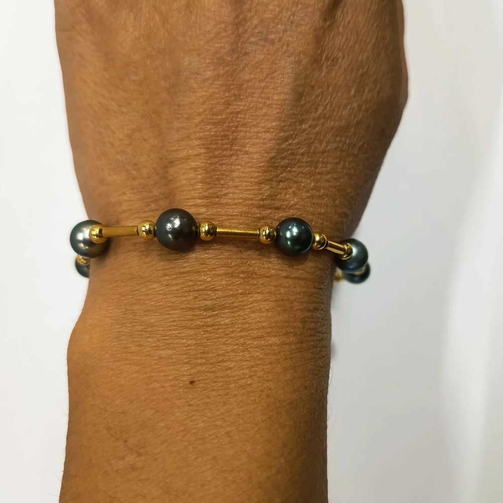 Bracelet Artisanal Tube Or et Perle Tahiti en Or Jaune 18k