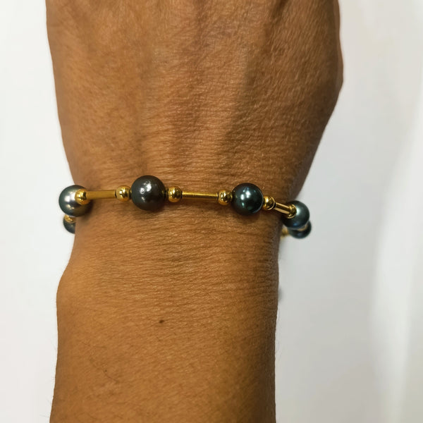 Bracelet Artisanal Tube Or et Perle Tahiti en Or Jaune 18k
