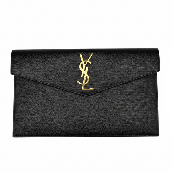 Pochette Saint Laurent Uptown en cuir noir grain de poudre