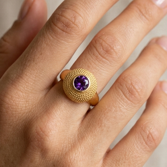 Bague Chevalière Or Jaune 18K - 4.22 G - Taille 53  Améthyst