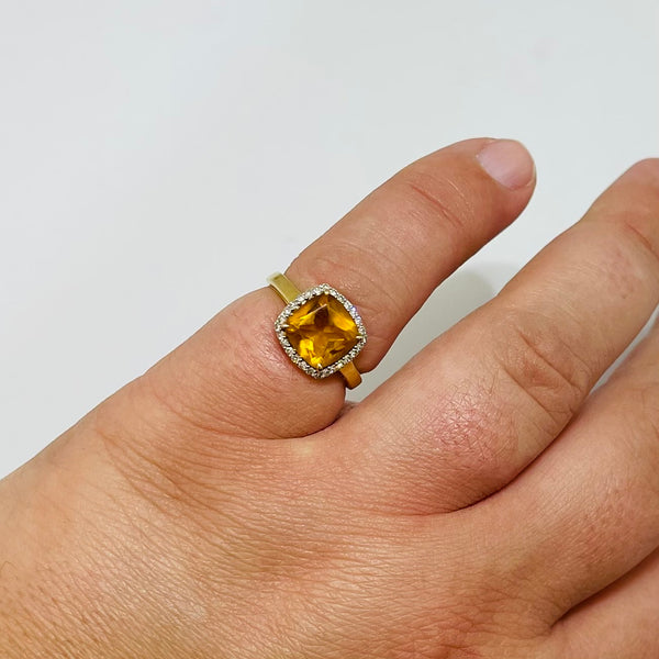 Bague Citrine et Diamants en Or Jaune 18K Taille-47.5