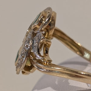 Bague Ancienne en Or Jaune avec Diamants et Emeraude 18k