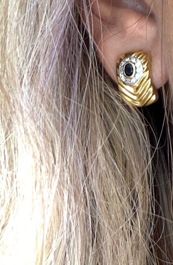 Paire Boucles d'Oreilles Or Jaune 18k Saphir et Zirconium