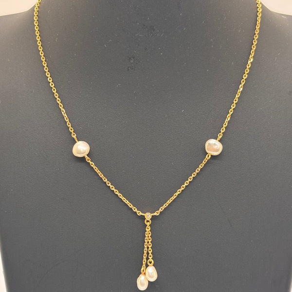 Collier Princesse Or Jaune 18K Diamants Perles - 3.32 Grs