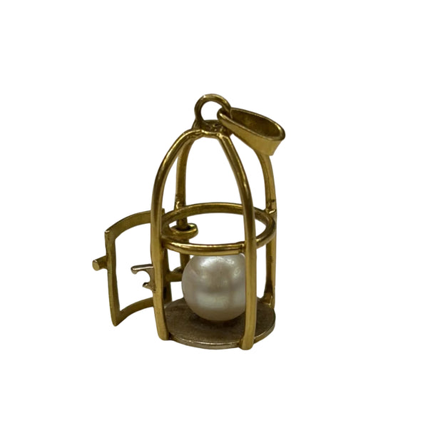 Superbe Pendentif Cage avec Perle en Or Jaune 18k
