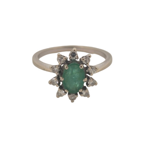 Bague Marguerite en Or Blanc Diamants et Emeraude 18 K - T 53
