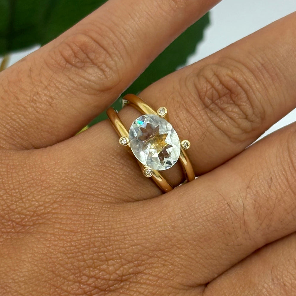 Bague Solitaire en Or Jaune 18K Diamants et Aigue Marine - Taille 52 - 6.24g