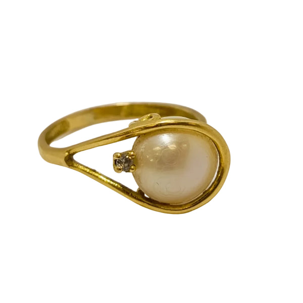 Bague Solitaire Or Jaune avec Perle et Oxyde de Zirconium 18K