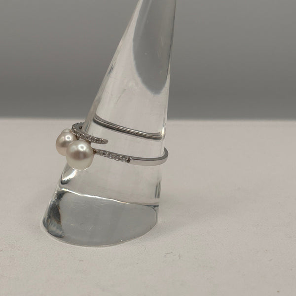 Bague en Or Blanc 18K avec Perles et Zirconiums