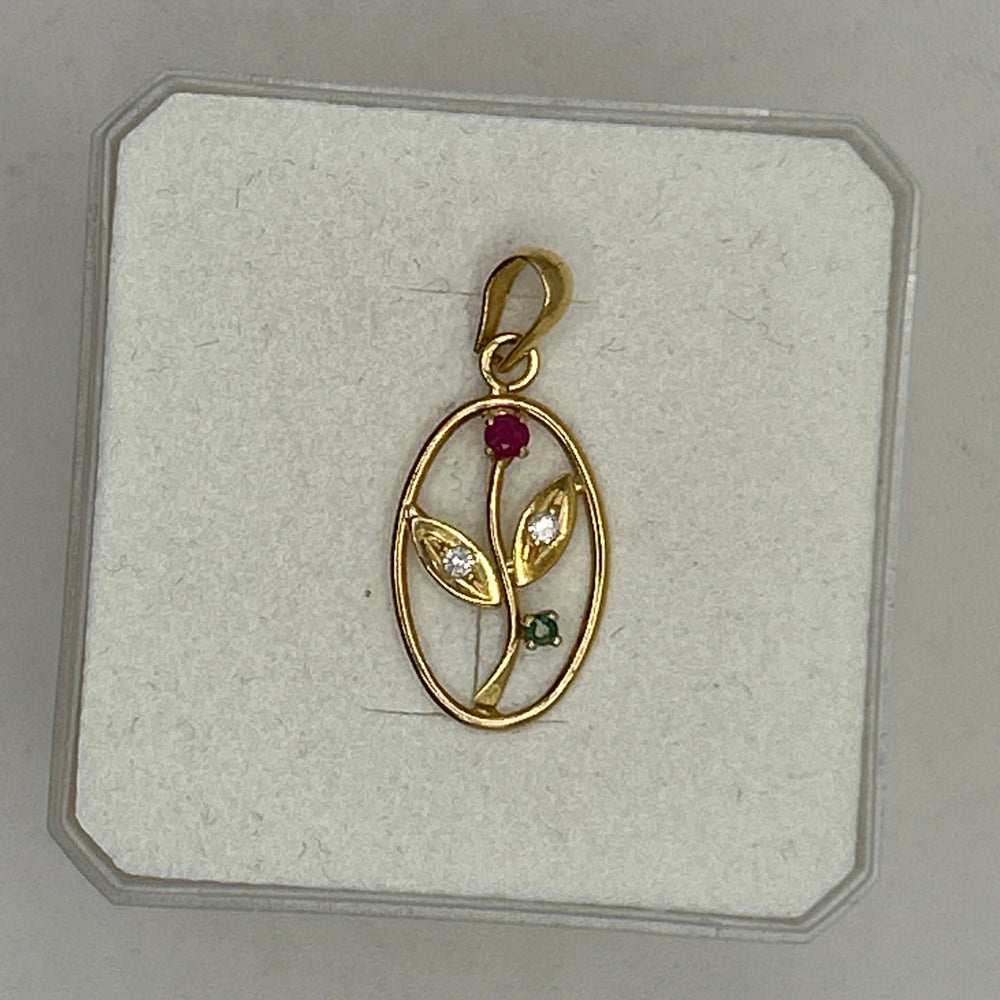 Pendentif en Or Jaune 18K Fleur avec Rubis, Émeraude et Zirconium
