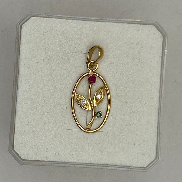 Pendentif en Or Jaune 18K Fleur avec Rubis, Émeraude et Zirconium