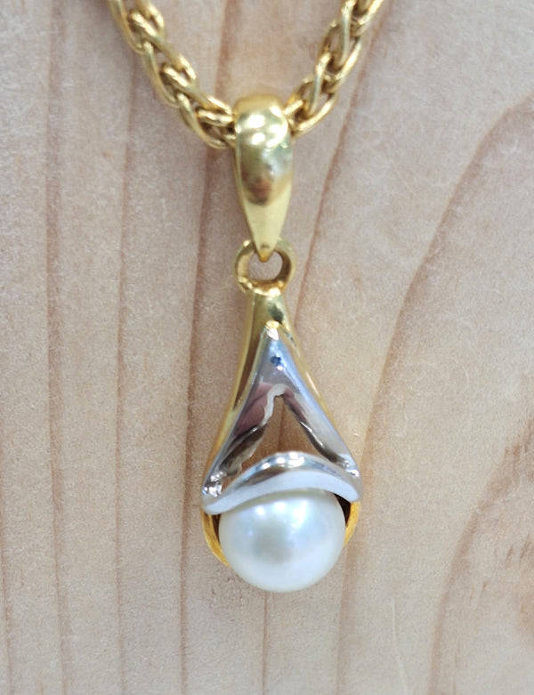 Pendentif Goutte Or Jaune et Blanc 18K avec Perle