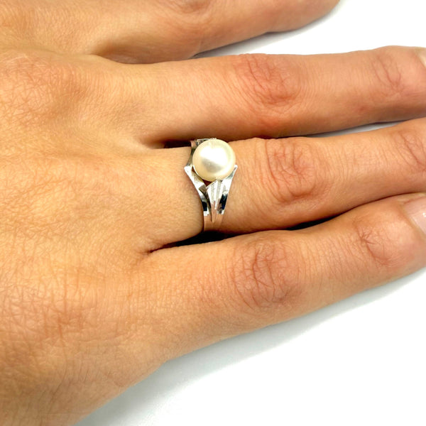 Bague Solitaire Perle en Or Blanc 18K- Taille 52