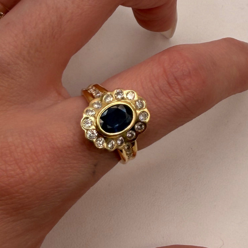 Bague Marguerite Or Jaune Diamants Saphir 18 K - Taille 51.5 - 6.18 G