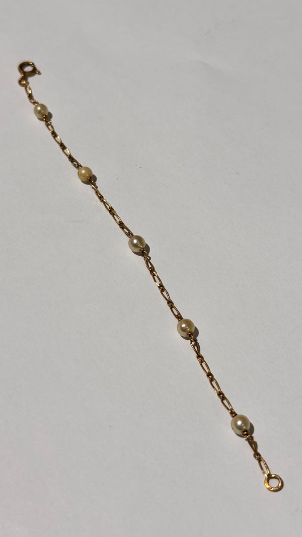 Bracelet Or Jaune 18K Figaro Maillon Perles 15cm