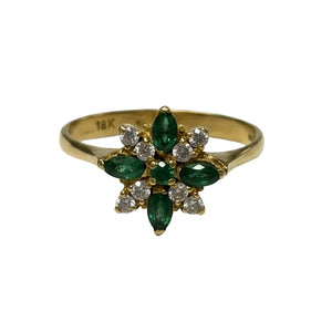 Bague fleur en Or jaune 18K avec émeraudes et zircons