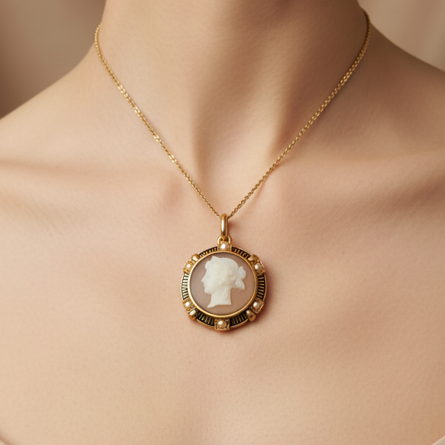 Pendentif Camée en Or Jaune et Perles 18K